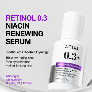 Anua Nano Retinol 0.3% + Niacin Renewing Serum key benefits infographic
