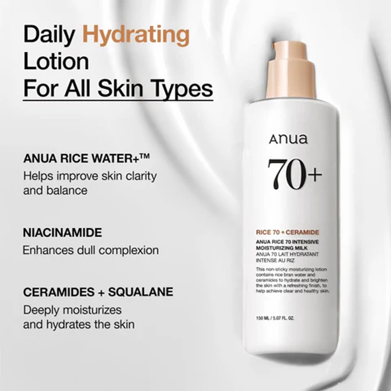 Anua Rice 70 Ceramide Intensive Moisturizing Milk key benefits infographic Anua Rice 70 Ceramide Intensive Moisturizing Milk key benefits infographic