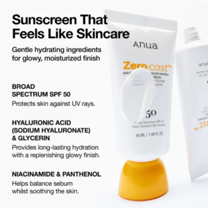 Anua Zero Cast Sunscreen SPF 50 PA++++ key benefits infographic