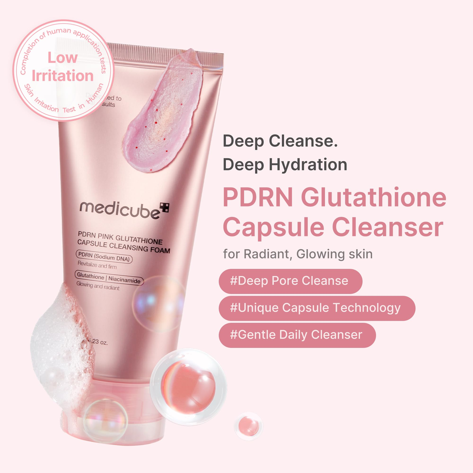 Medicube PDRN Pink Glutathione Cleansing Foam - brightening capsule foam cleanser key benefits Medicube PDRN Pink Glutathione Cleansing Foam - brightening capsule foam cleanser key benefits