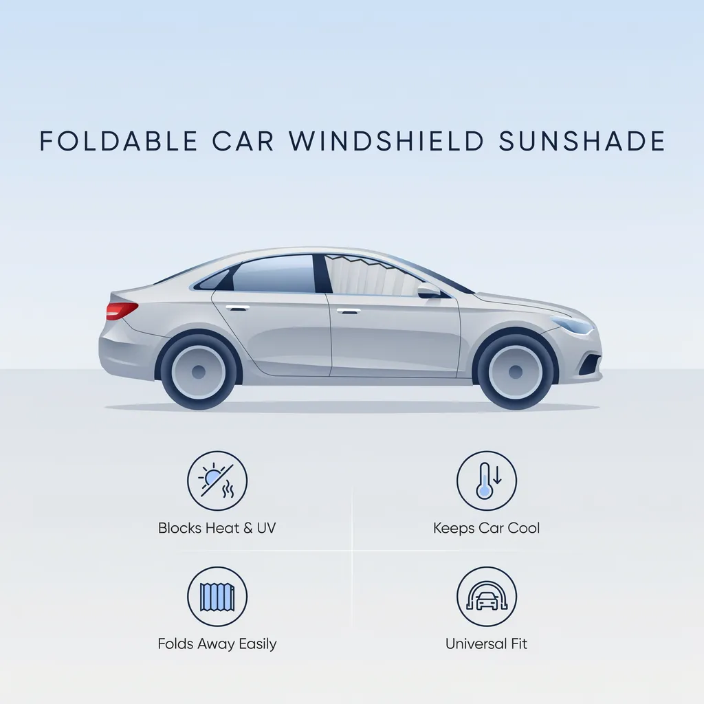 Car sunshade Kuwait infographic - foldable windshield sunshade benefits