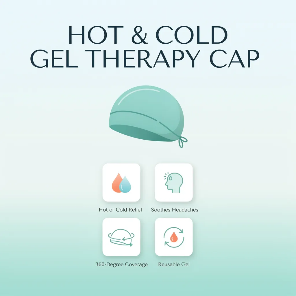 Gel therapy cap Kuwait infographic - hot and cold headache relief cap benefits