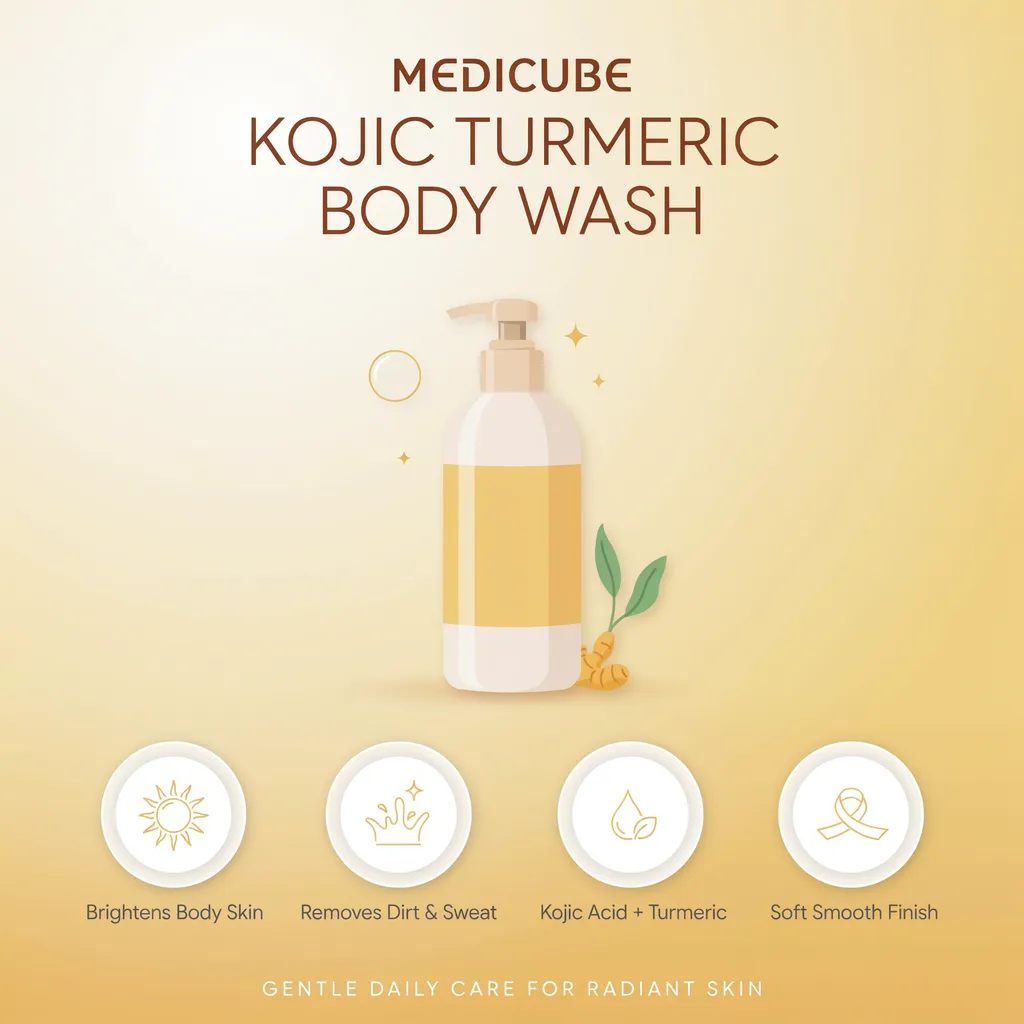 Medicube Kojic Turmeric Body Wash infographic - brightening body wash benefits Medicube Kojic Turmeric Body Wash infographic - brightening body wash benefits