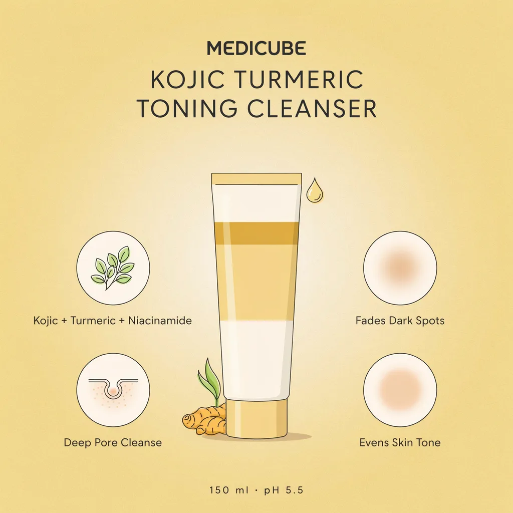 Medicube Kojic Turmeric Cleanser infographic - brightening toning cleanser benefits Medicube Kojic Turmeric Cleanser infographic - brightening toning cleanser benefits