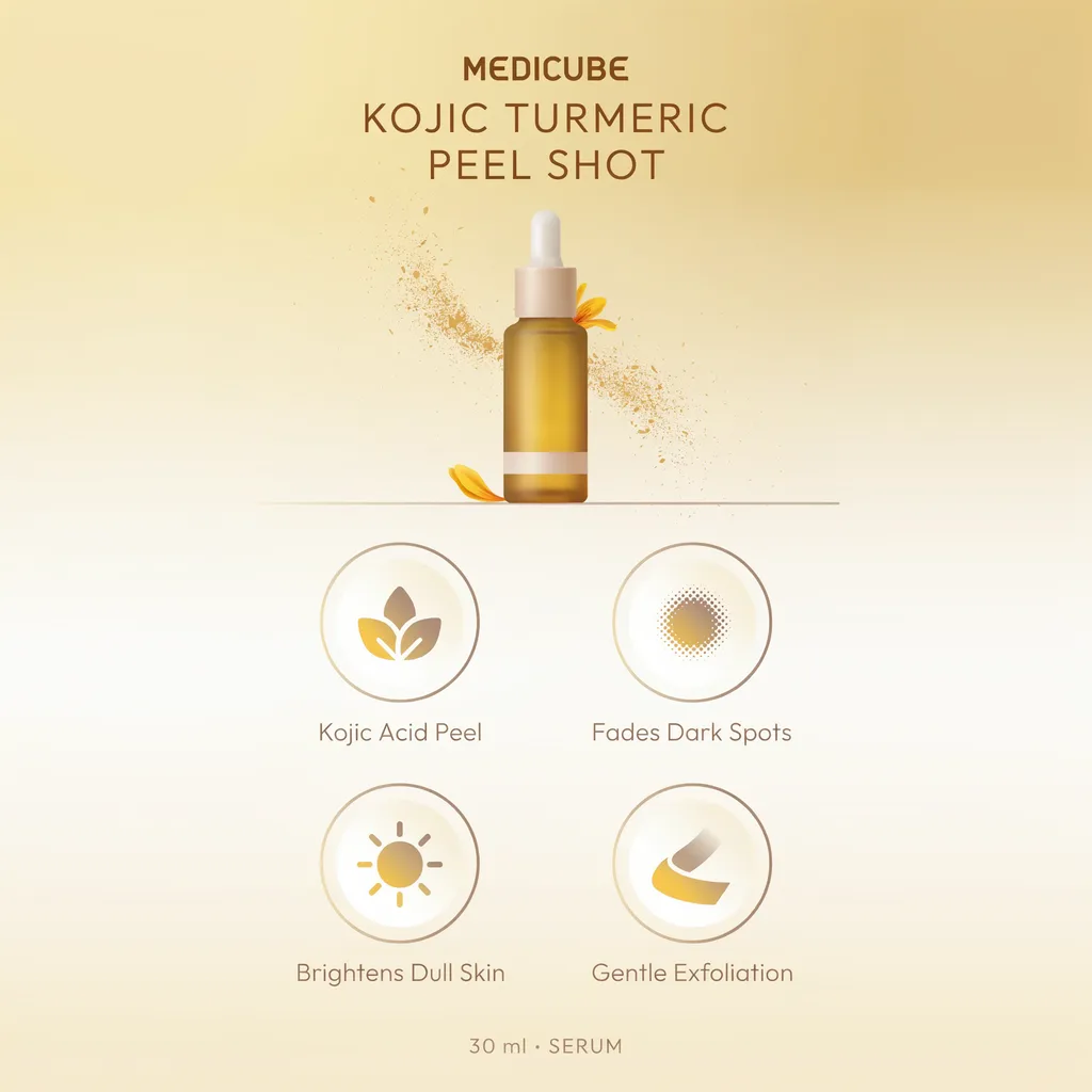 Medicube Kojic Turmeric Peel Shot infographic - brightening exfoliating peel benefits Medicube Kojic Turmeric Peel Shot infographic - brightening exfoliating peel benefits