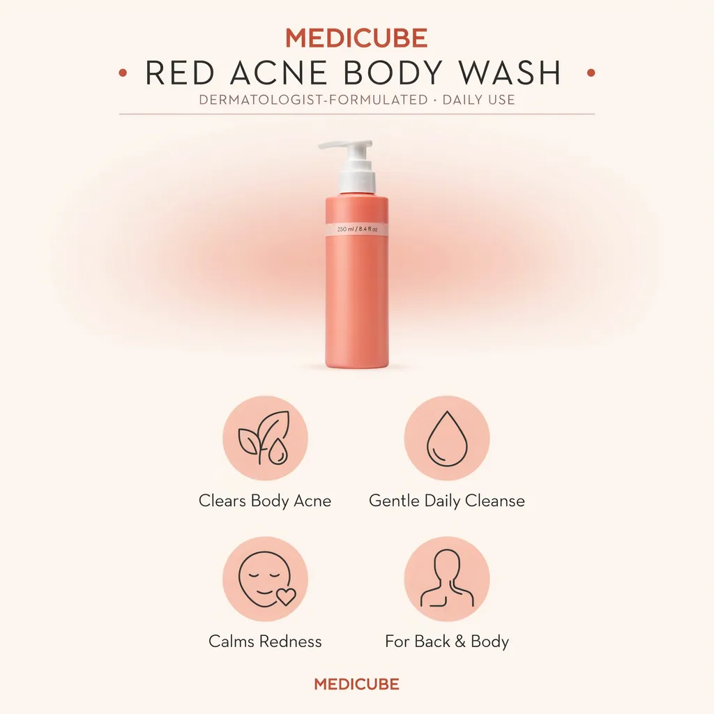 Medicube Red Acne Body Wash infographic - benefits for body acne Medicube Red Acne Body Wash infographic - benefits for body acne