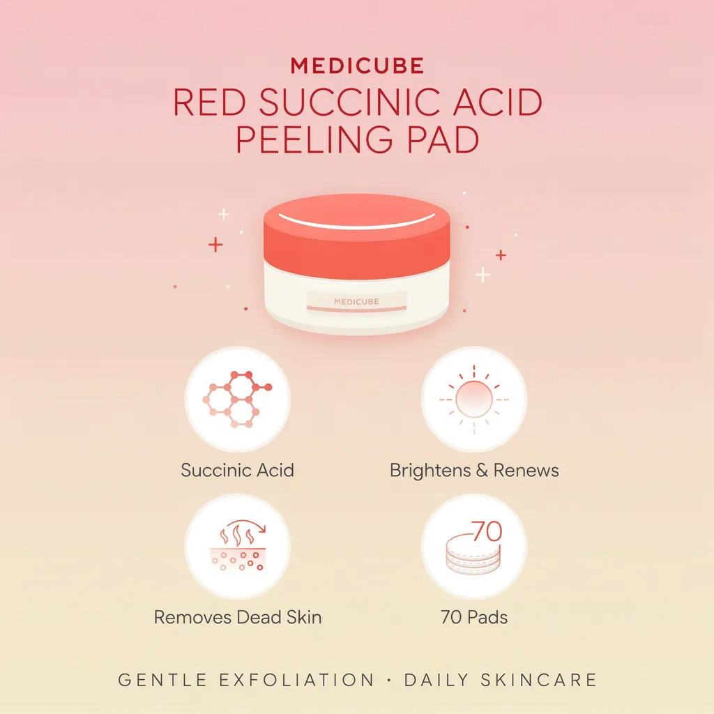 Medicube Red Succinic Acid Peeling Pad infographic - brightening peeling pads