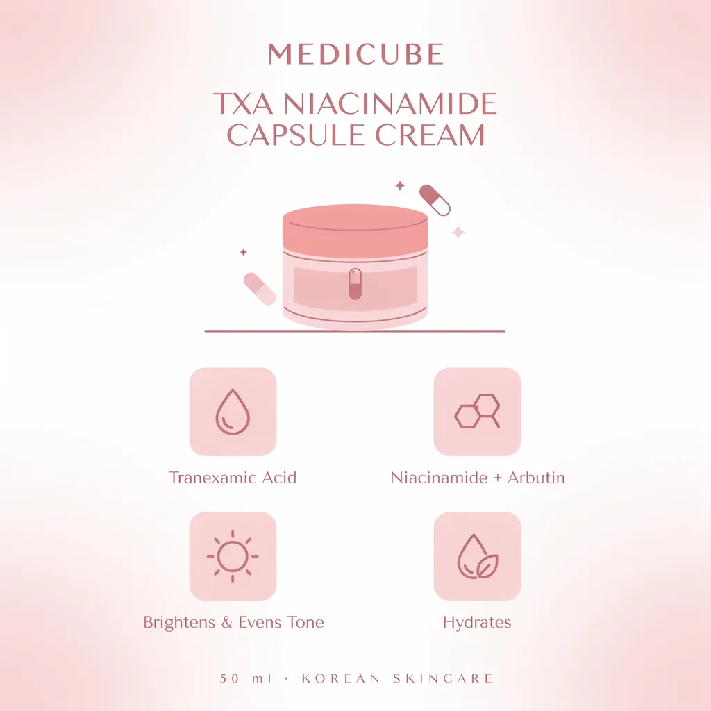 Medicube TXA Niacinamide Cream infographic - brightening capsule cream benefits