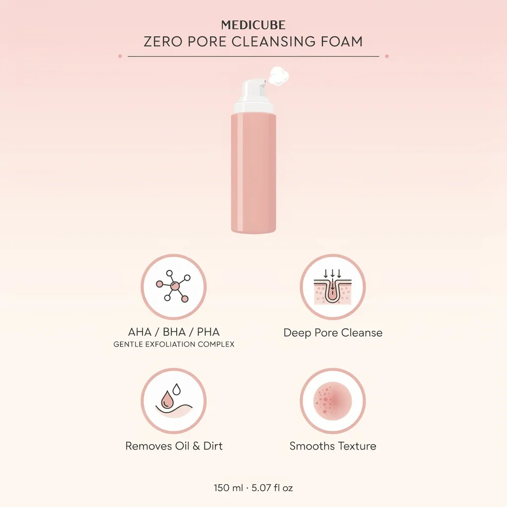 Medicube Zero Pore Cleansing Foam infographic - AHA BHA PHA foam benefits Medicube Zero Pore Cleansing Foam infographic - AHA BHA PHA foam benefits