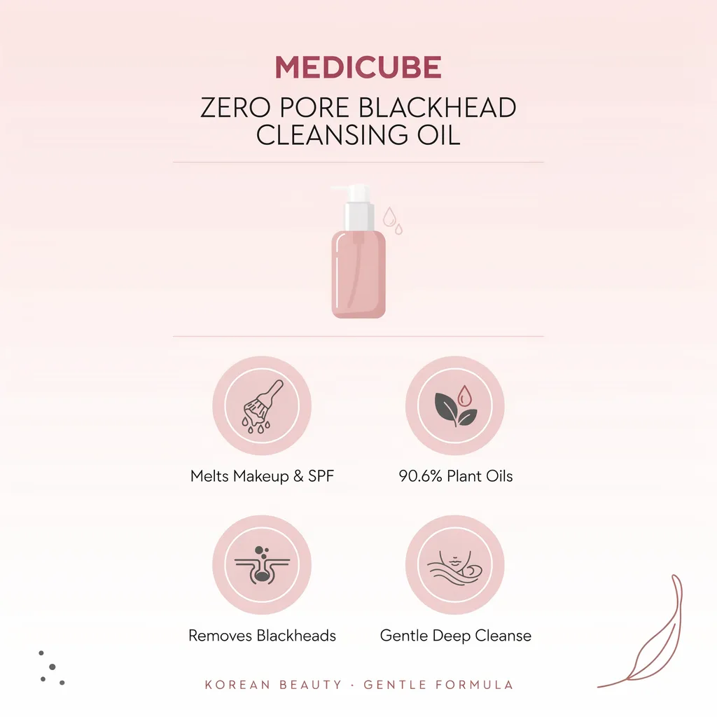 Medicube Zero Pore Cleansing Oil infographic - plant-oil makeup and blackhead cleanser