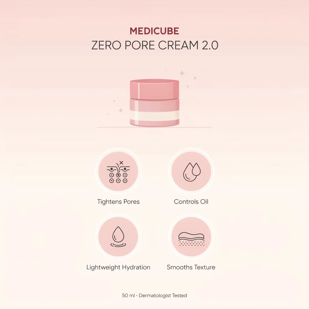 Medicube Zero Pore Cream infographic - pore tightening moisturiser benefits Medicube Zero Pore Cream infographic - pore tightening moisturiser benefits