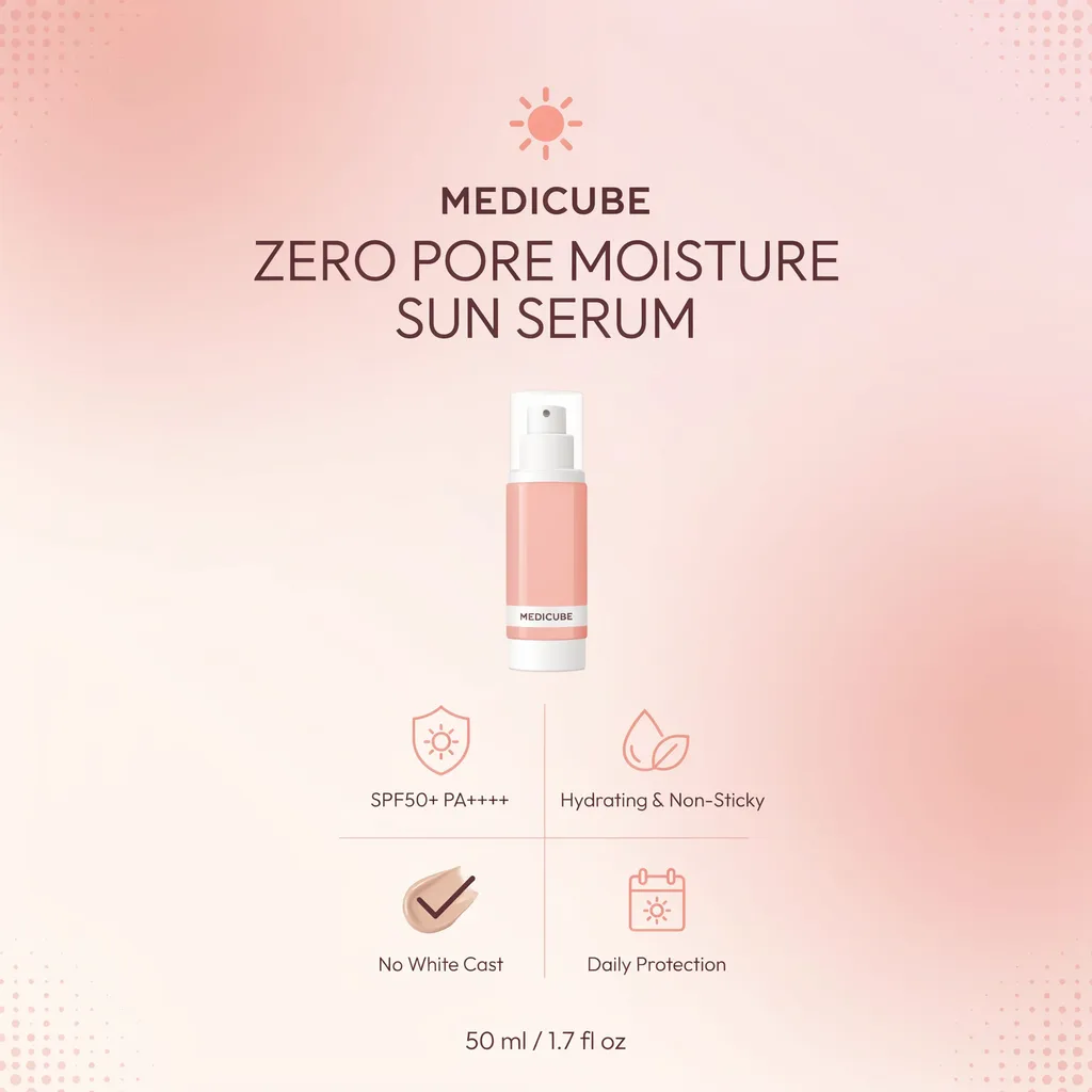 Medicube Zero Pore Sun Serum infographic - SPF50 hydrating sunscreen benefits